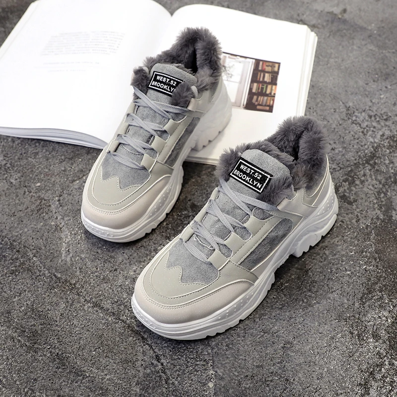 Повседневные женские кроссовки KAMUCC зимние на плюшевом меху теплые ботинки