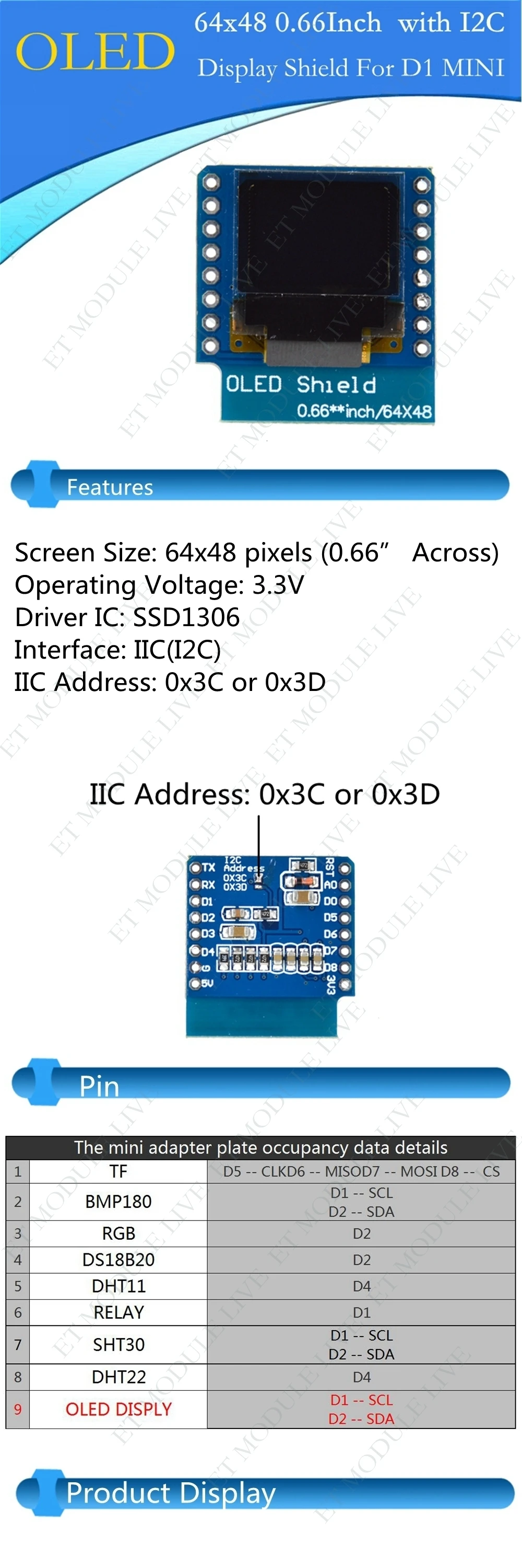 Шэньян 0,66 дюймов OLED Дисплей модуль для wemos D1 мини ESP32 модуль Arduino AVR STM32 64x48 0,66 "ЖК-дисплей Экран IIC I2C OLED