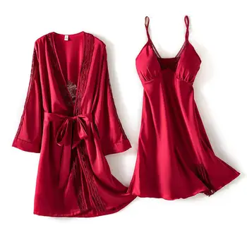 

Female 2PCS Sleep Suit Satin Bride Bridesmaid Wedding Robe Lace Sleepwear Nighty&Robe Set Hollow Out Nightgown Sexy Homewear