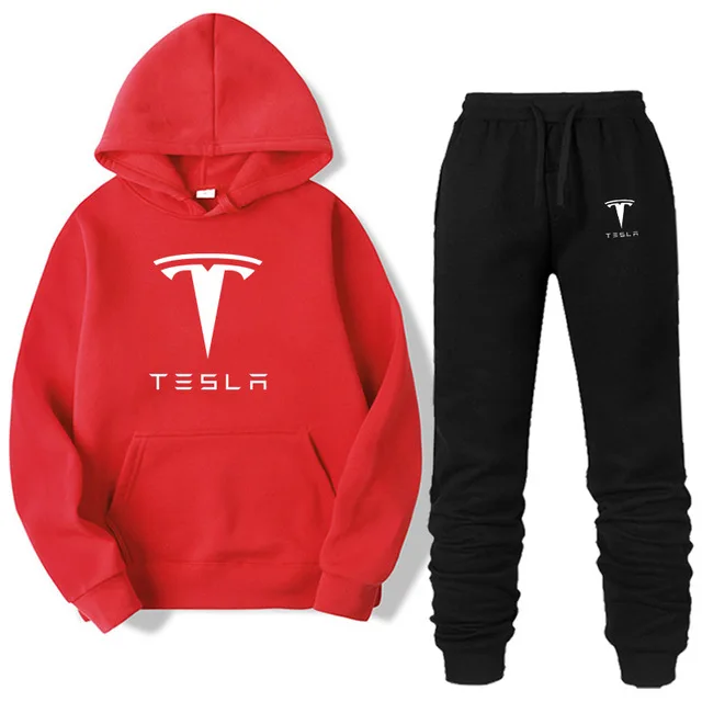 Red-W Новая брендовая одежда, мужские повседневные толстовки, пуловер TESLA, мужской спортивный костюм, толстовки из двух частей+ штаны, спортивные рубашки, осенне-зимний комплект - Цвет: Red-W