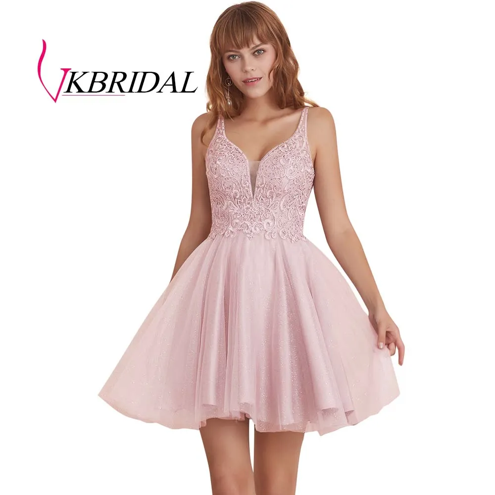 Розовый VKBRIDAL, сексуальные короткие платья для выпускного вечера с открытой спиной,, тюль, аппликация, кружево, бисер, милое платье для выпускного вечера, vestido de formatura - Цвет: Розовый