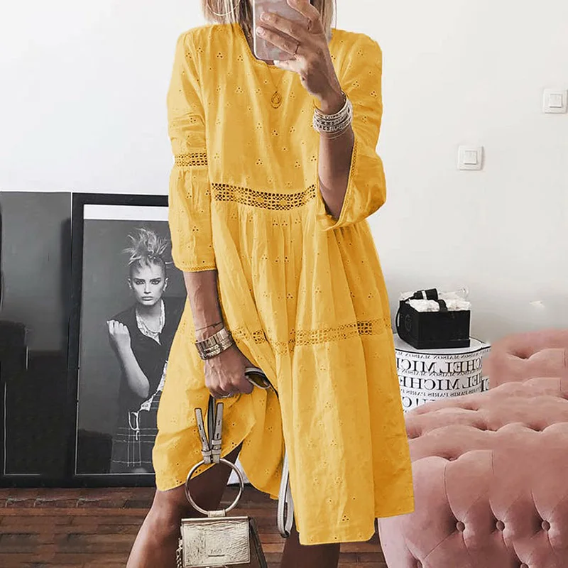 Платье для девочек, женское платье, Boho, однотонные платья с вырезом лодочкой, открытые платья с рукавом 3/4, платья средней длины, одежда