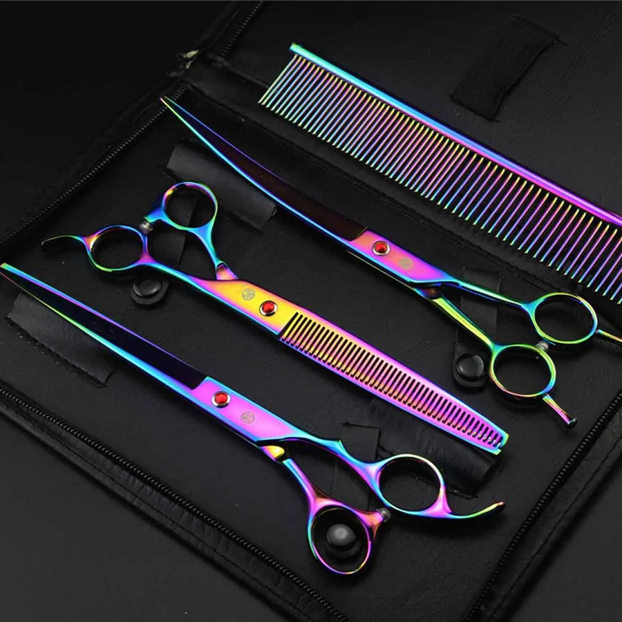 rainbow 8 дюймов Профессиональный набор ножниц для груминга домашних животных прямые и филировочные и изогнутые ножницы для собак Уход за лошадьми, комплект одежды из 3 предметов - Цвет: rainbow