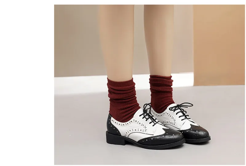 British Genuine Leather Female Oxford Shoes College Spring New Thick Heel 3cm Women Brogues Retro Carved Single Shoes Large Size (36)