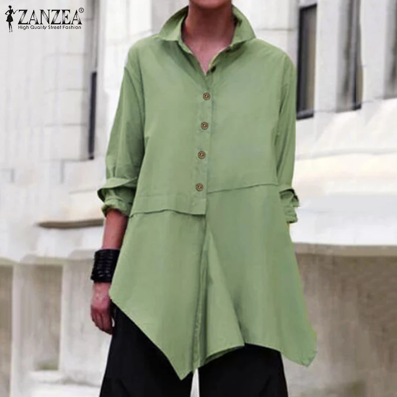  2019 ZANZEA Elegant Women Blouse Casual Lapel Neck Long Sleeve Shirts Female Asymmetrical Hem Solid