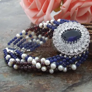 

B030811 8" 7Strands Pearl Garnet Bracelet CZ Connector