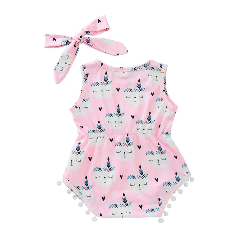 

2020 Bodysuit Hair Band 2 Pcs Baby Girls Clothes Rabbit Print Easter Sleeveless Fringed Small Ball Jumpsuit Romper