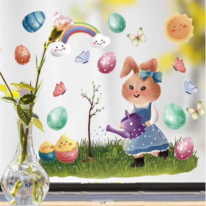 1PCS Easter Day Happy Rabbit Wall Stickers For Kid&rsquo;s Living Room Shopping Glass Scene Window Electrostatic Stickers 30*20CM