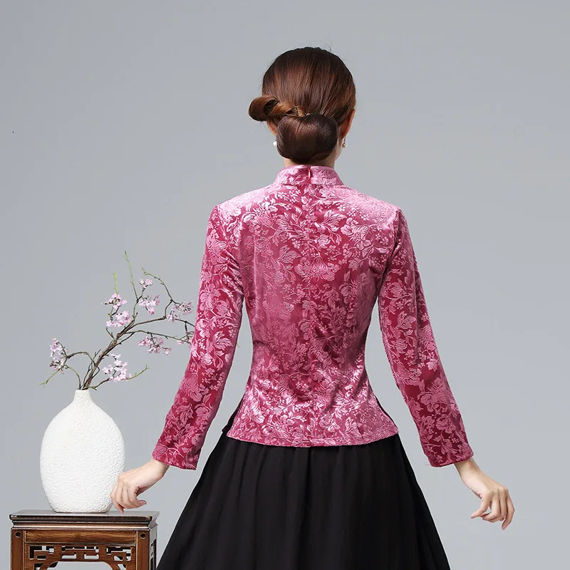 Китайская блузка с длинным рукавом розовый вельвет ткань рубашки тиснение фиолетовый традиционная китайская одежда костюм топы Ципао 3xl