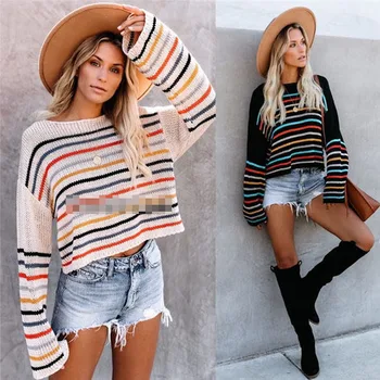 

Rainbow Stripe contrast loose fashion women's sweater fashion classic casual Pullover