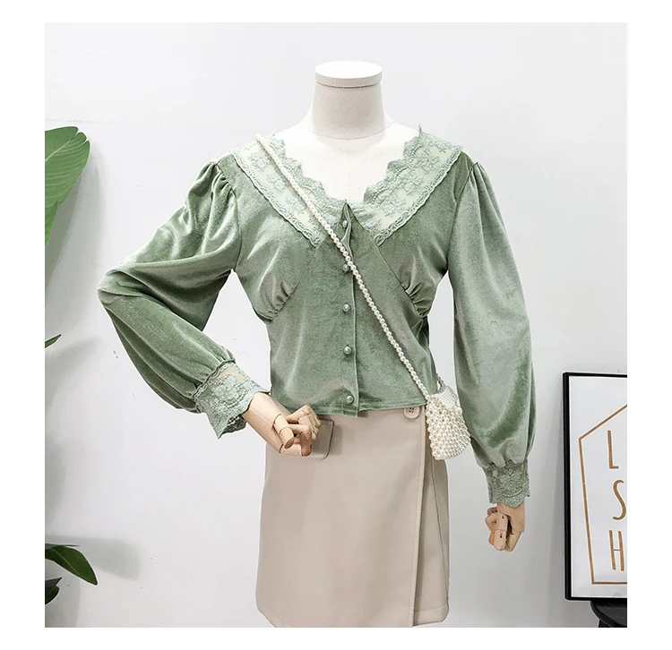 Mooirue/Осенняя винтажная плиссированная футболка для женщин, кружевной лоскутный Повседневный Топ с v-образным вырезом, однотонная уличная одежда, пуловер в Корейском стиле, рубашки