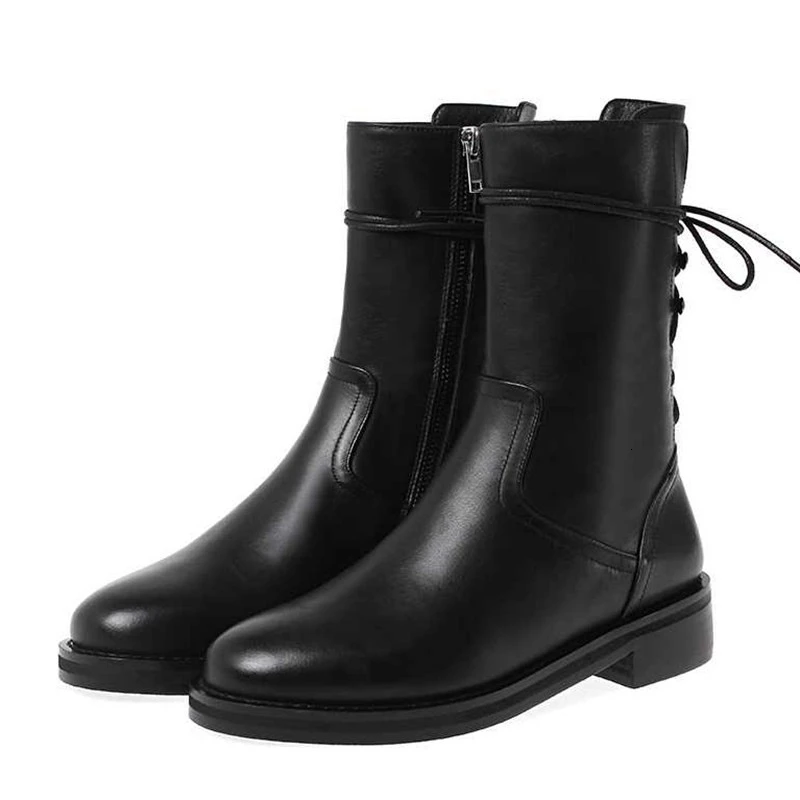

Pot Big Size Winter Classic Genuine Leather Boots Round Toe Med Heels Women Solid Keep Warm Leisure Mid-calf Boots L6b