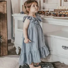 Robe d'été longue en coton et lin pour petites filles, couleur unie, à volants, tenue princesse trapèze, décontractée, vêtements de plage pour enfants