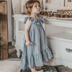 Bebê meninas vestido de verão cor sólida algodão linho babados a linha princesa vestidos longos crianças casual praia crianças roupas saia
