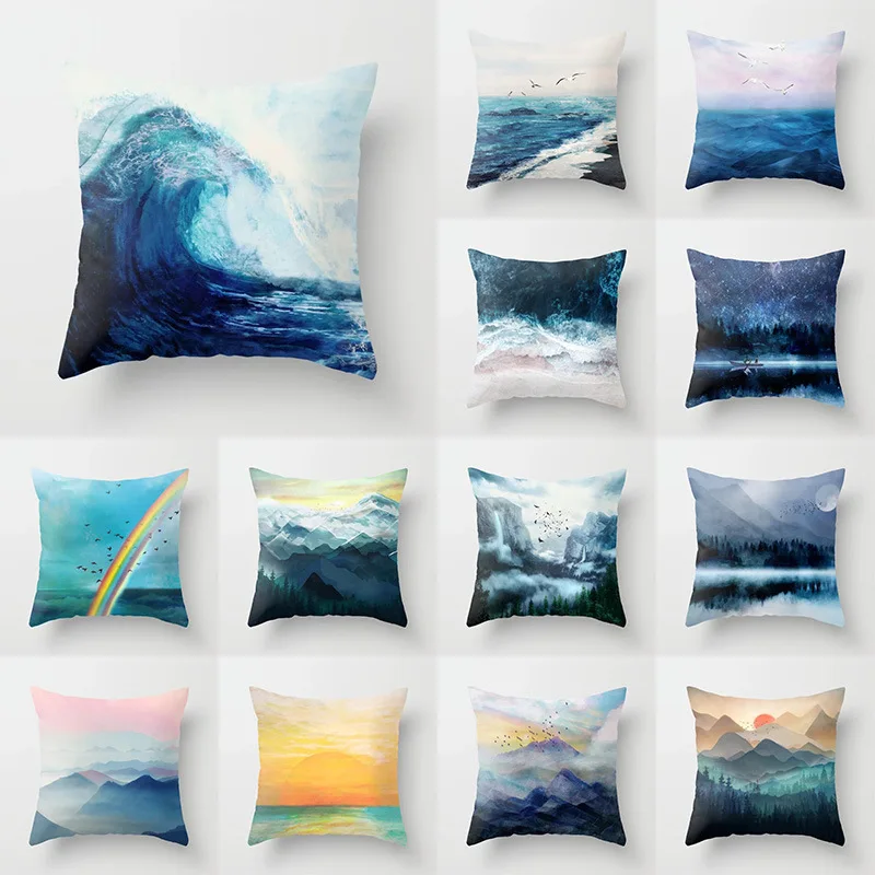 

Pillow case 45*45 Ocean Mountain Peak Landscape Painting Polyester Pillow Case Square Decorative Pillow Case