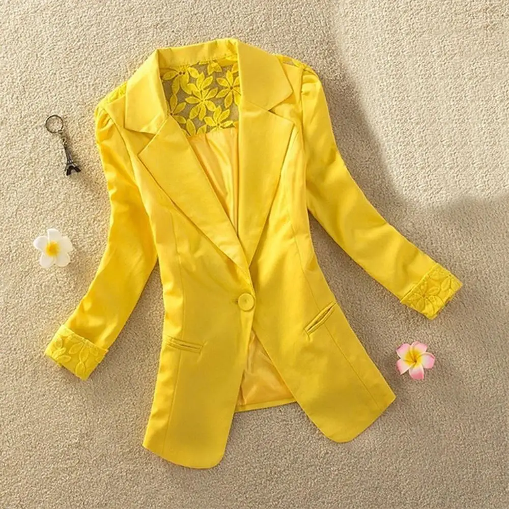 Женский белый блейзер длинный рукав офисная куртка однотонный Кружевной Топ куртка с длинными рукавами женский кардиган износоустойчивый фланелевый Блейзер Femme#2B13 - Цвет: Цвет: желтый