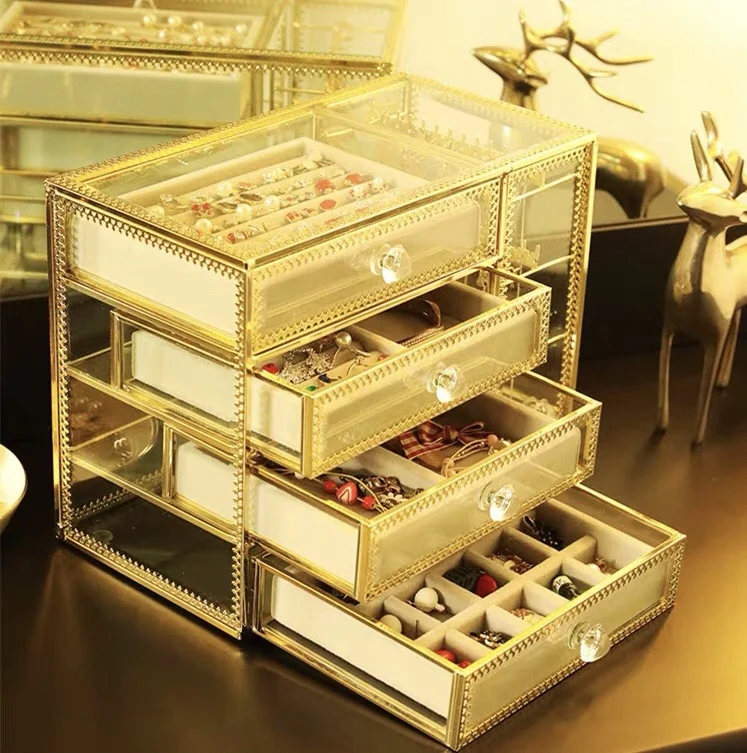 US $19.99 Antique Spacious Mirror Glass Cosmetic Storage Cube Set with 3 Tier Dustproof Drawers Vanity TrayGold Metal Makeup Storage