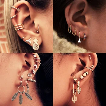

Fashion Fishtail Pineapple Stud Earrings Set Fake Piercing Ear Clips Cross Coin Piercing Hoop Earrings Circle Combined Jewelry