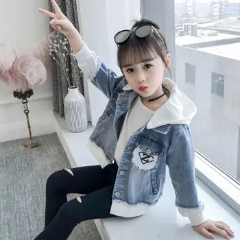 

Girl Denim Jackets Autumn Fashion Children Kids Jeans Jacket Hoodies Windbreake Tops Patchwork Outerwear Coats for Teenage 3-12Y
