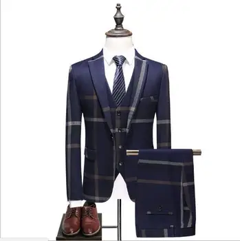

Fashion Plaid 3 Piece Business Men Suits Wedding Groom Slim Fit Casual Tuxedos Formal Blazer（jacket+vest+pants）