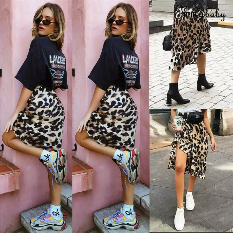 Women High Waisted Stretch Leopard Skirt