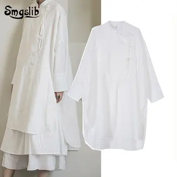 

2019 Women White Bandage Big Size Oversize Shirt Dress New Stand Neck Long Sleeve Loose Fit Fashion Spring Autumn