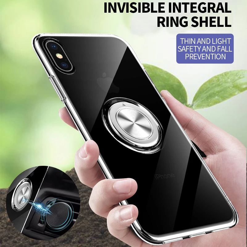 

Ultra-thin TPU Phone Case For iPhone 6 6s 7 8 X XR XS Max Clear Cover With Ring Magnetic Car Stand For iPhone 11 Pro Max Coque