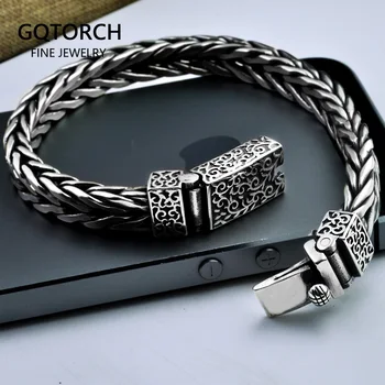 

Thai Silver Mens Bracelet Wide Handmade Woven Braided Real 925 Sterling Silver Personalized Bracelet With Flower Pattern