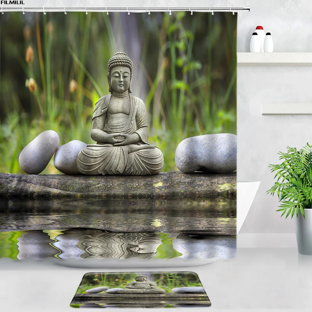 

Занавески для душа Zen Green из бамбука с Буддой, набор ковриков для ванны с черными камнями, садовый декор, домашний декор, коврик для ванной, нескользящий ковер