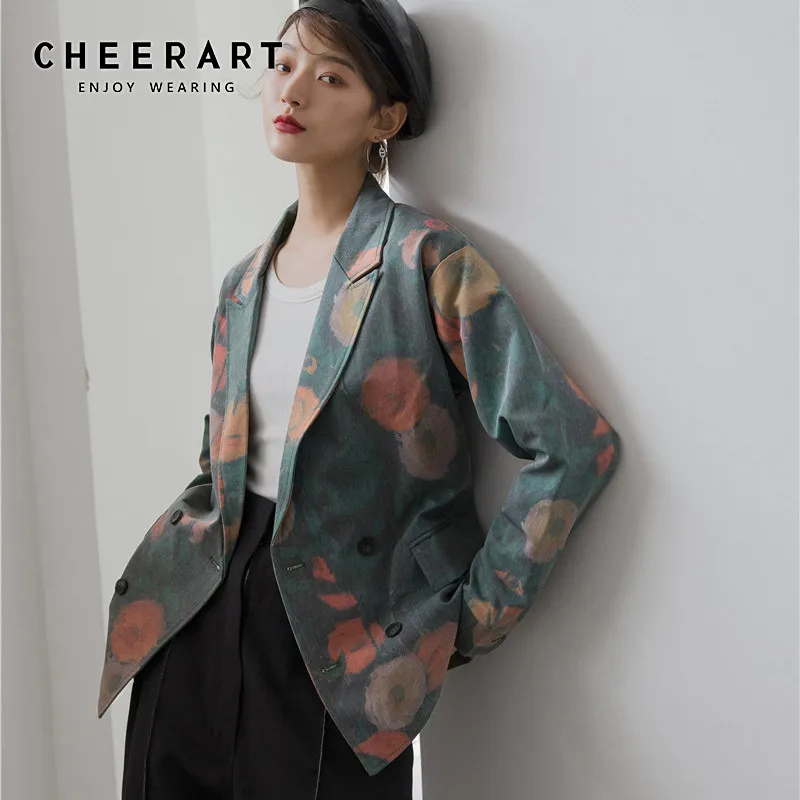 Женский винтажный Блейзер CHEERART свободный зеленый с цветочным принтом осень 2020 |