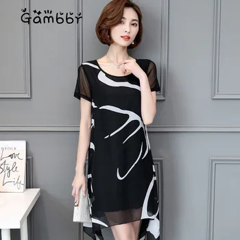 

Black White Geometric Floral Print Chiffon Dress 2019 Summer Short Sleeve Loose Slim Mini Dress Casual Fashion Korea Plus Size