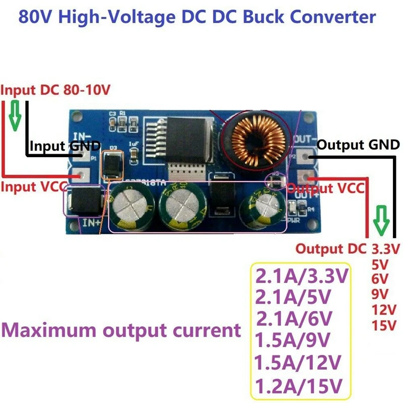 2A Dc 80V 72V 64V 48V 36V 24V to 15V 12V 9V 6V 5V Hv Buck Dc-Dc преобразователь модуль питания(6 V