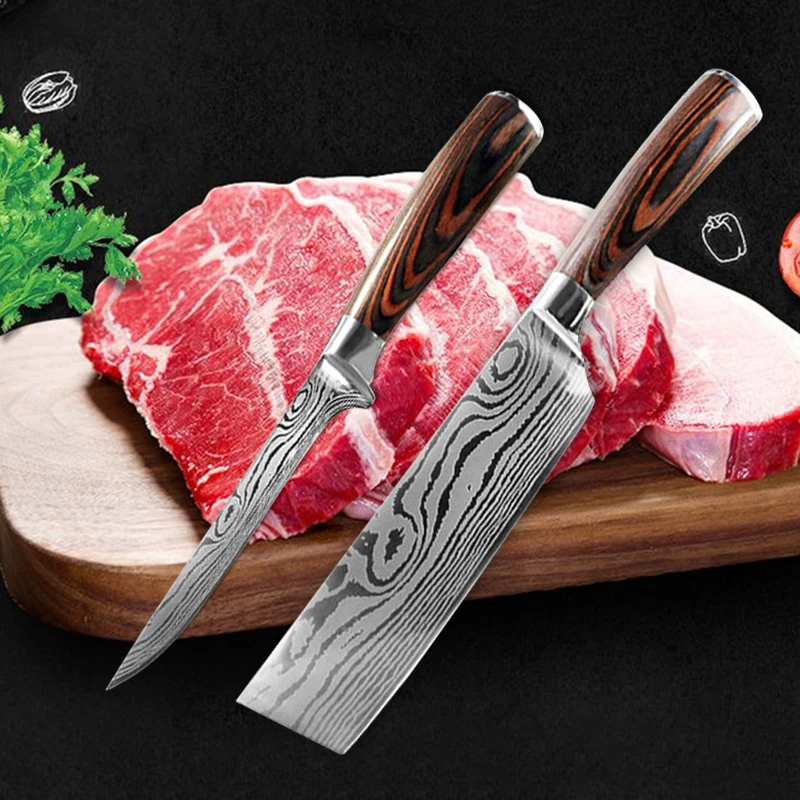 9Pcs Kitchen Knife Set 7CR17 Stainless Steel Laser Damascus Chef Slicing Bread Santoku Meat Cleaver Boning 1 9Pcs Kitchen Knife Set 7CR17 Stainless Steel Laser Damascus Chef Slicing Bread Santoku Meat Cleaver Boning 4