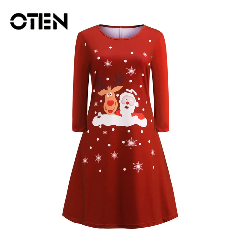 OTEN/ зимнее рождественское женское платье с длинными рукавами и круглым вырезом, мини-платье трапециевидной формы, винтажный осенний свободный праздничный костюм, Femme, повседневный