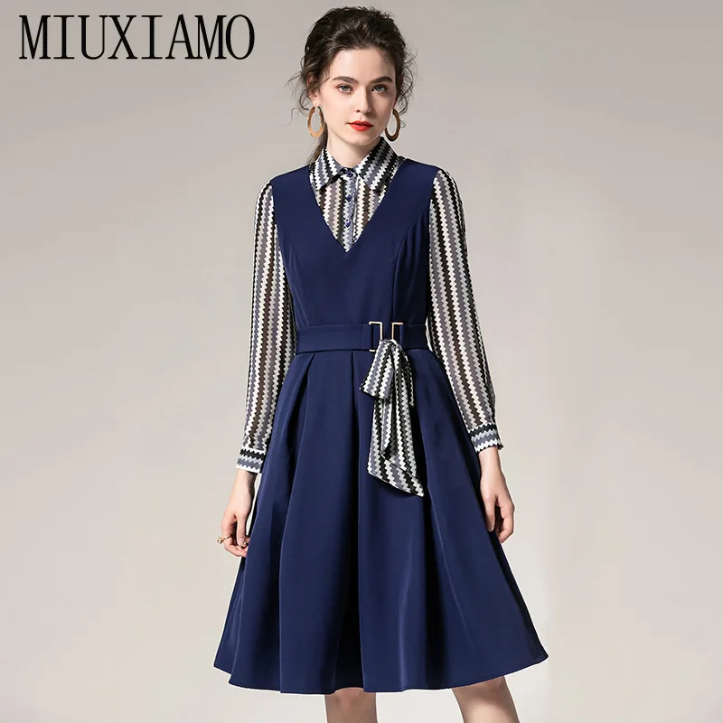 

MIUXIMAO Top Quality 2019 Fall winter Vintage Dress Women Long Sleeve Blue Casual Silm Office Dress Women Vestidos With Belt