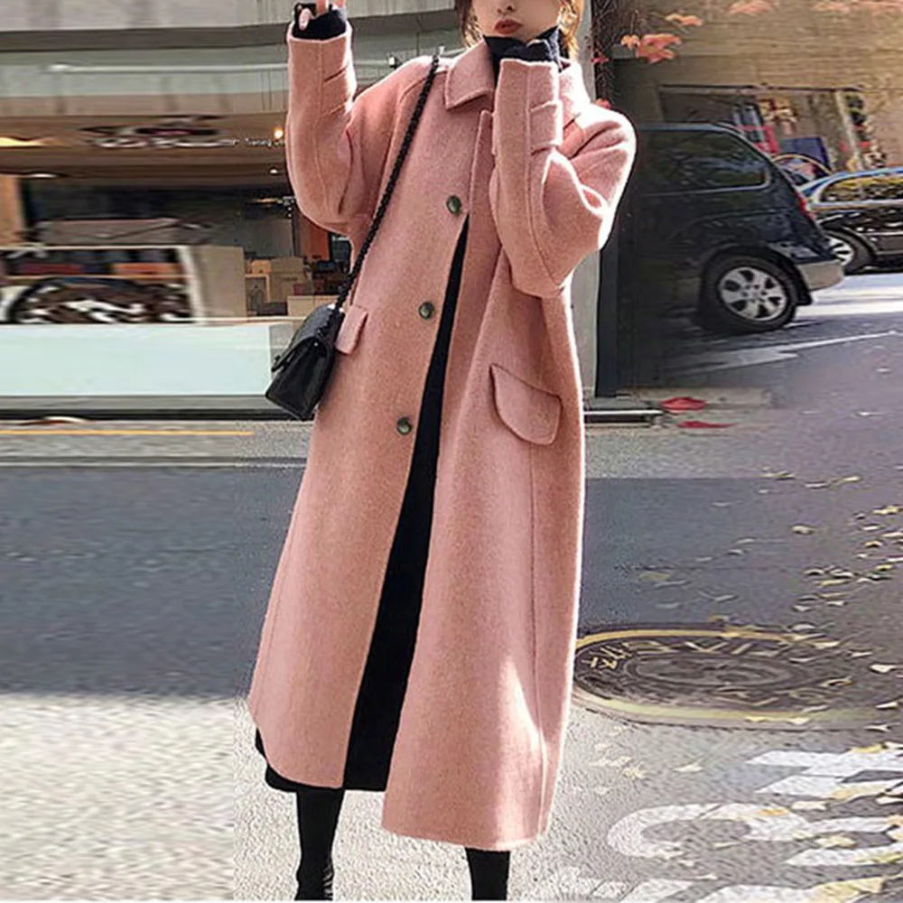 

2019 Autumn and Winter Woolen Coat Female Mid-Long New Korean Temperament Women's Elegant Outerwear Pink Wool Trench Outwear