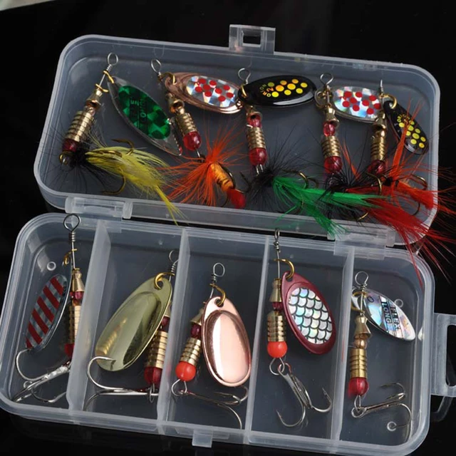 10Pcs/Set Sequins Spinner Fishing Lures with Hook Lifelike Rotating Metal  Fishing Bait Crankbaits Set with Storage Box