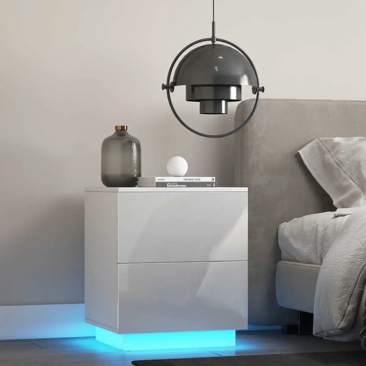 

High Gloss LED Nightstand With 2 Drawers Modern Bedside Table File Cabinet Holder Chest Office Bedroom Furniture Bed Side Table