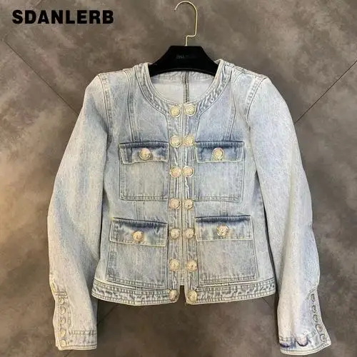

2019 Autumn New Woman's Round Neck Shoulder Pad Long Sleeve Pocket Classic Buttons Slim Jeans Coat Lady Short Denim Jacket Femme