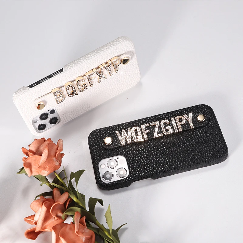 Luxury Custom Initial Name Pebble Leather Phone Case For iPhone 11 12 13 Pro Mini Max XR XS 7 8Plus Diamond Metal Letters Cover
