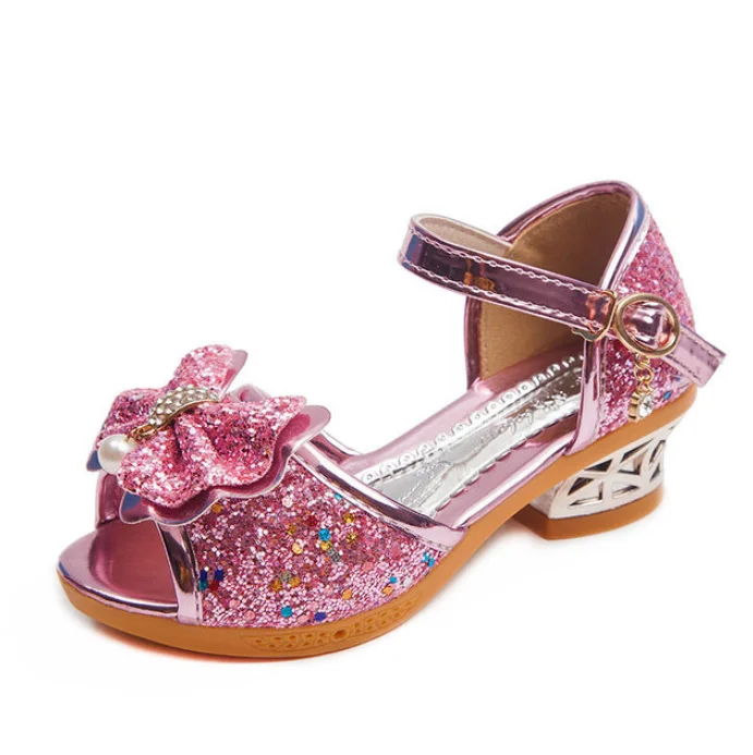 Furdeour Girls Sandals Glittler Bow Dress Shoes Princess Crystal High Heels Party Wedding Flower Girls Shoes for Kid Toddler