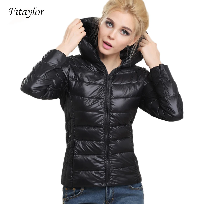 Fitaylor, новинка, весна-осень, ультра тонкая женская куртка, короткий дизайн, с капюшоном, на утином пуху, пальто для женщин, стоячий воротник, размера плюс, парка