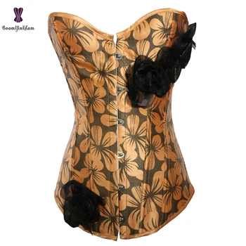

Elegant Rose Flower Overbust Corset Pink Yellow Blue Floral Waist Trainer Bustier Basque Top Corselet Korset