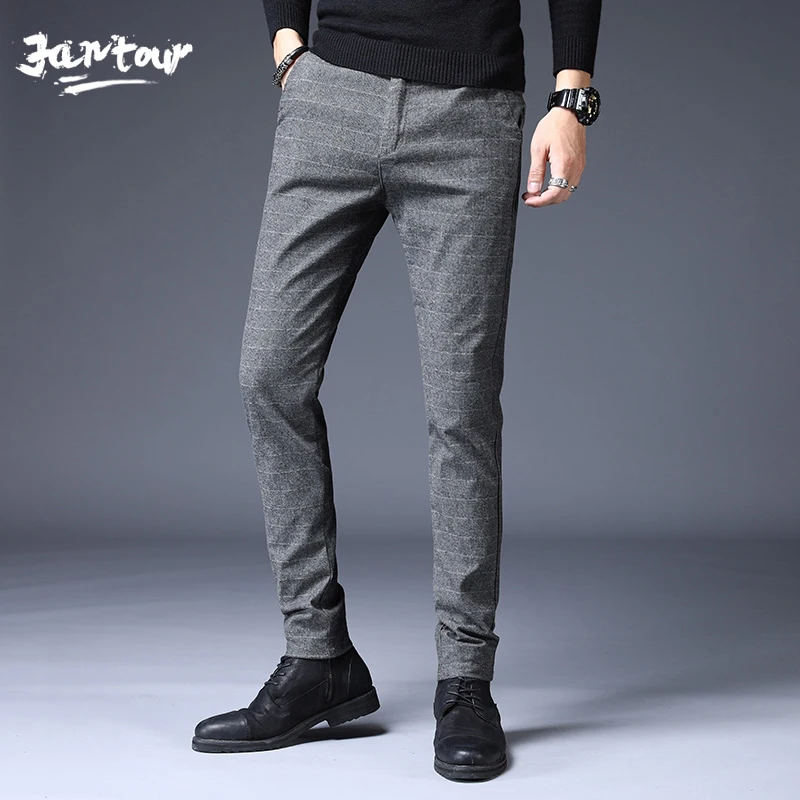 

2019 Stretch Plaid Casual Pants Men Autumn Winter High Quality Business thick Plaid Trousers Men's Straight warm Trousers Pant
