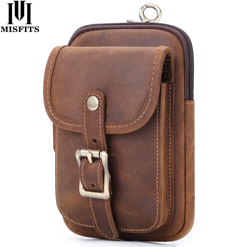 MISFITS Men's Genuine Leather Waist Bag Large Capacity Zipper Hasp Anti-Theft Many Compartments Hip Pack Pocket Handmade afbeelding