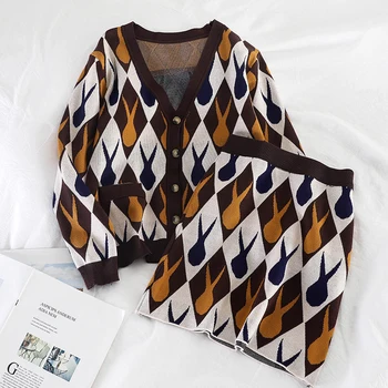 

New Arrivals Women's Winter Suit Set Single-breasted Knitted V-neck Diamond Pattern Sweater Above & Knee Mini Skirt 2pcs Sets