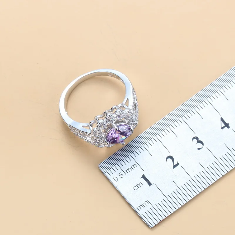 Круглый Цветок Фиолетовый Кристалл Свадебные аксессуары 925 пробы серебро 3 шт висячие серьги и ожерелье кольцо ювелирные изделия для невесты наборы для женщин ювелирные изделия