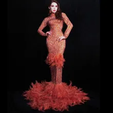 Блестящие стразы, красное перо, обнаженное платье, сексуальное платье с камнями, длинное платье с большим хвостом, танцевальный костюм, платья для выпускного, дня рождения, празднования