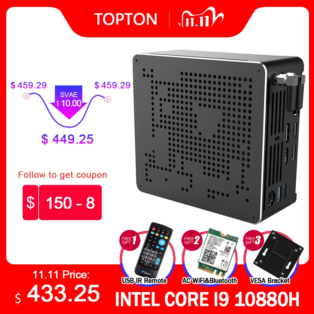 TOPTON 10 го поколения Nuc Intel i9 10980HK 10880H i7 10750H Мини ПК 2 LAN Win10 * DDR4 NVME игровой настольный