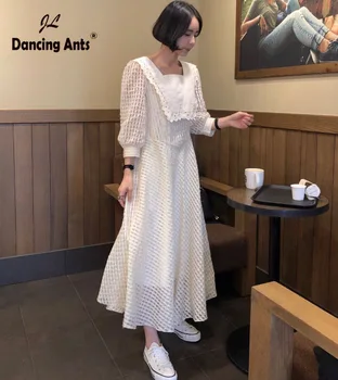 

Women A-line Dress Square Collar Long Sleeve Hollow Out Slim Dress 2020 Summer New Female Elegant Office Ankle Length Dresses